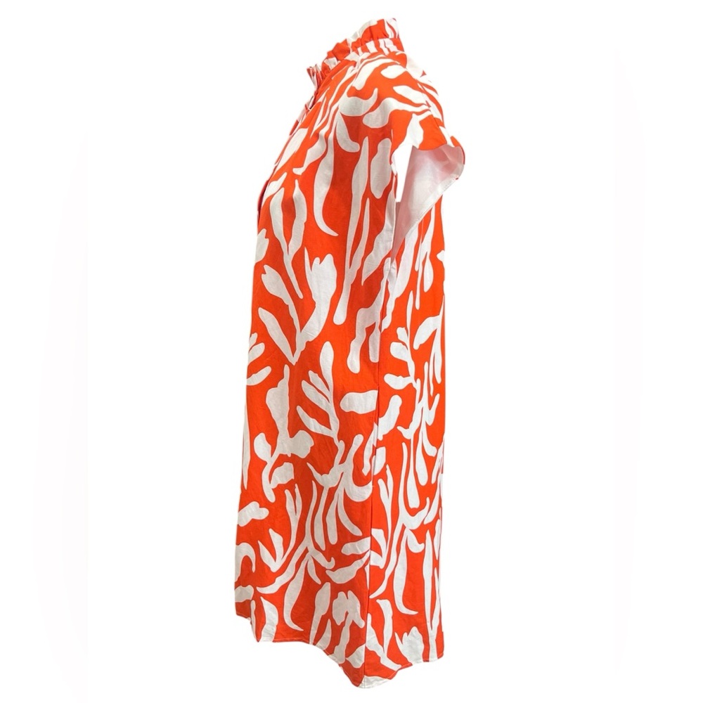 THML Orange White Botanical Print Ruffle Neck Mini Dress Linen Blend M - Picture 6 of 10